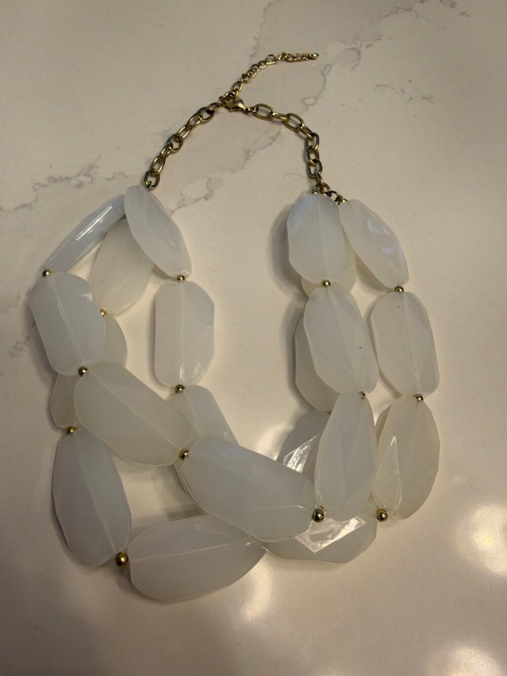 White Frosted Bead Statement Necklace — Chunky Lucite Beads, Gold Chain